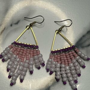 Pink, White & Purple Triangle Fringe Earrings (Gold Frame)
